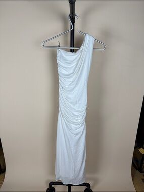 knee length dresses for ladies Chloe Peached Jersey One Shoulder Midi Dress / Ivory | Meshki